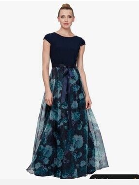 SLNY Floral Chiffon Maxi Dress Womens 22W Navy Blue Formal Evening Wedding Guest